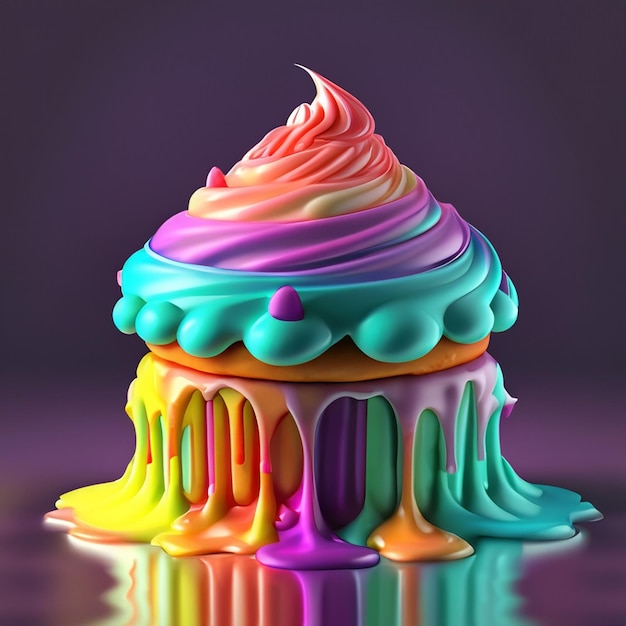 Renderização 3D de colfi de água derretida de cupcakes multicoloridos e macios