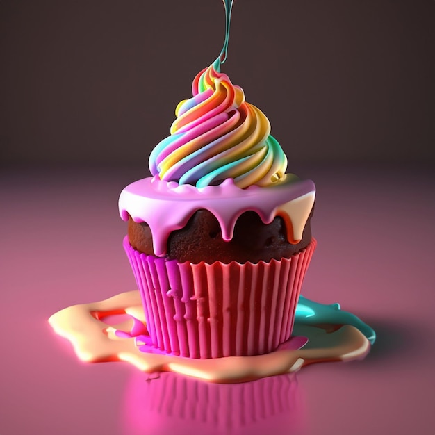 Renderização 3D de colfi de água derretida de cupcakes multicoloridos e macios