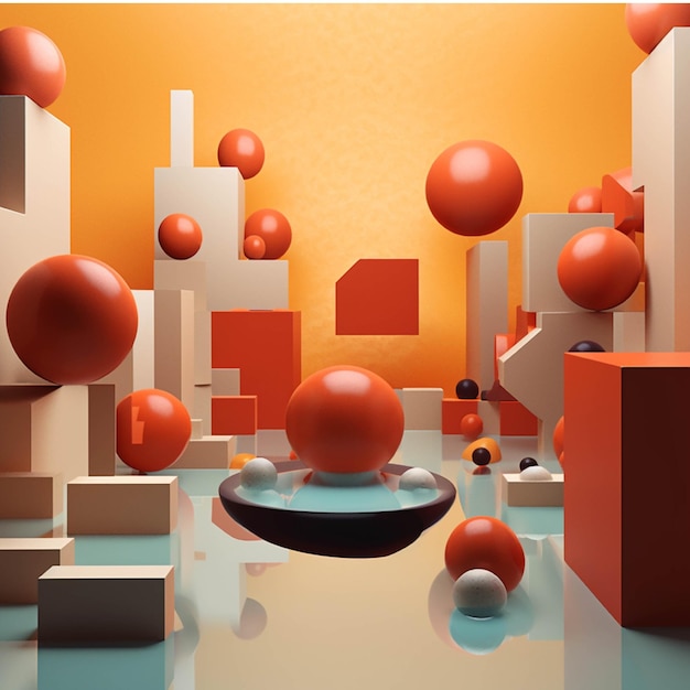 renderização 3D de composição geométrica abstrata com cubos e bolas vermelhas