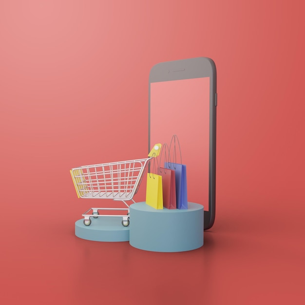 Renderização 3d de compras on-line com smartphone e carrinho de compras Design premium para pôster de banner publicitário e modelo de postagem em mídia social