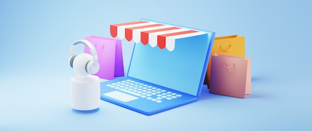 Renderização 3d de compras online com laptop e sacolas de compras