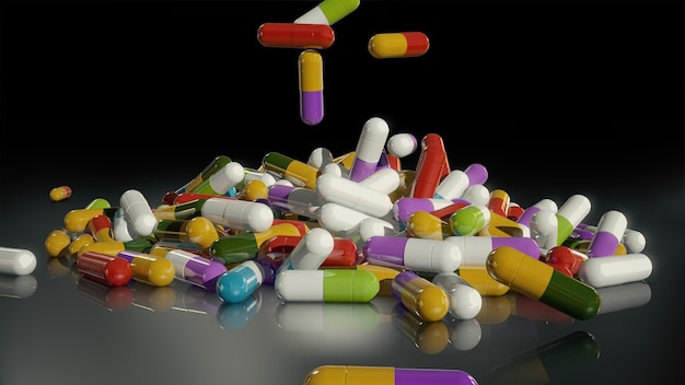 Renderização 3D de comprimidos médicos multicoloridos caindo de cima para baixo