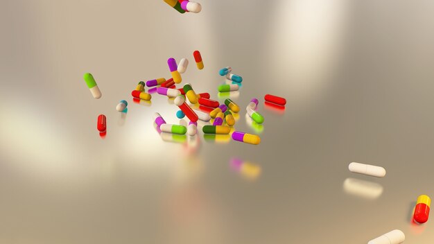 Renderização 3D de comprimidos médicos multicoloridos caindo de cima para baixo