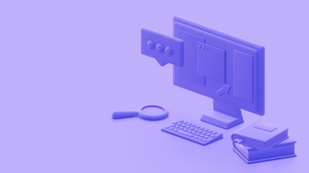 renderização 3D de computador e teclado no monitor LCD isométrico no local de trabalho com páginas abertas do site