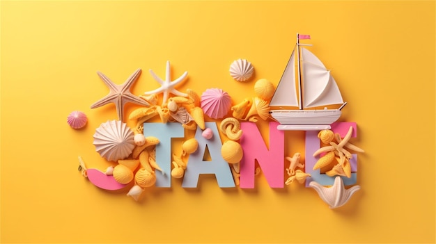 Renderização 3D de conchas coloridas e barco de brinquedo com texto de verão