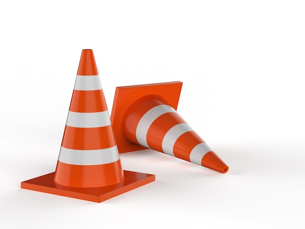 Foto renderização 3d de cones de trânsito em fundo branco