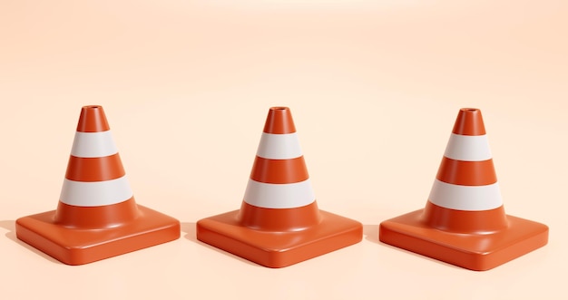 Renderização 3d de cones de trânsito para cautela e sob o conceito de construção em fundo pastel