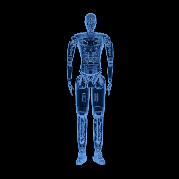 Foto renderização 3d de corpo inteiro de robô humanóide de raio-x em fundo branco