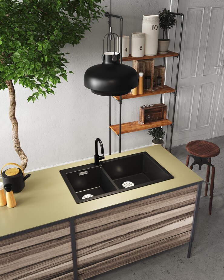 Foto renderização 3d de cozinha com móveis de madeira com iluminação diurna bancada verde