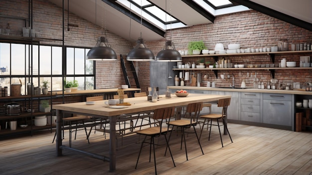 Renderização 3D de cozinha moderna em um loft