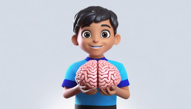 Foto renderização 3d de criança segurando cérebro