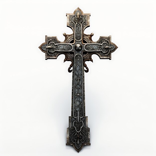 Renderização 3D de cruz de aço resistido com textura oxidada e intrincada palma de Páscoa da Sexta-Feira Santa