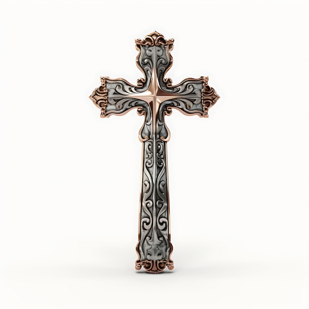 Renderização 3D de cruz de cobre folheada a prata com metal martelado e pátina Te Sexta-feira Santa Palma de Páscoa