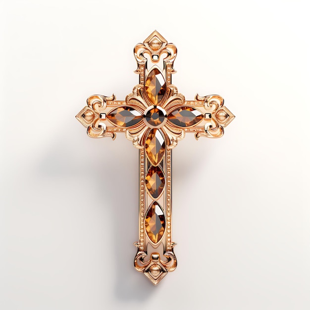 Renderização 3D de cruz de latão polido com detalhes em cobre martelado e citrino Sexta-feira Santa Palma de Páscoa