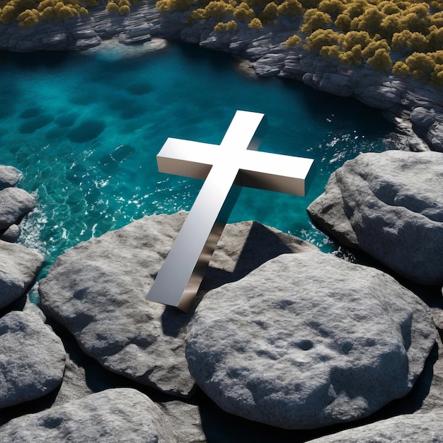 Foto renderização 3d de cruz em cima de rochas