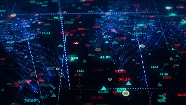 renderização 3D de dados do mercado de ações no fundo do mapa digital da terra