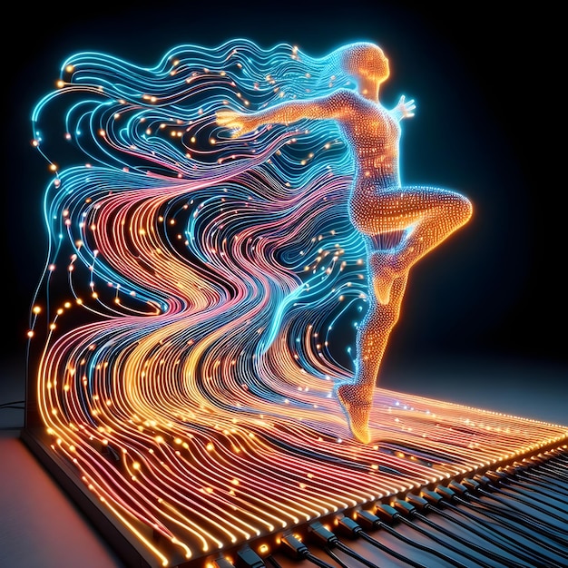 Foto renderização 3d de dança em um espaço futurista com luzes de néon