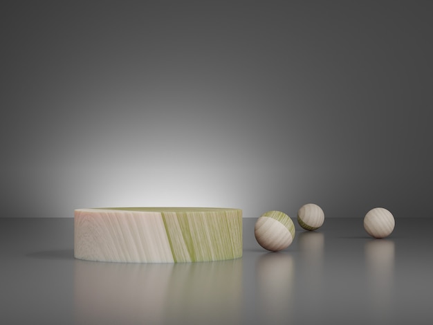 Renderização 3D de degraus de pedestal de madeira marrom com bola de madeira no chão sobre fundo cinza