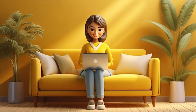 Foto renderização 3d de desenho animado como mulher de pé no sofá e trabalho em laptop