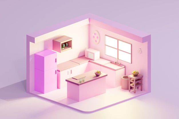 Renderização 3D de desenho animado de cozinha rosa baixa com janela Visão isométrica