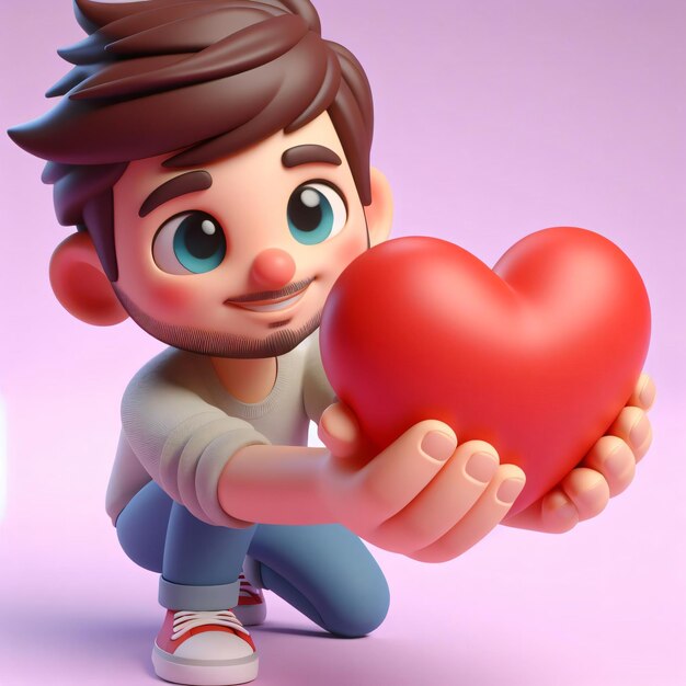 Renderização 3D de desenho animado Um homem segurando o coração do amor