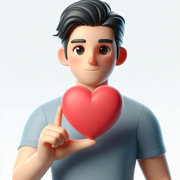 Renderização 3D de desenho animado Um homem segurando o coração do amor