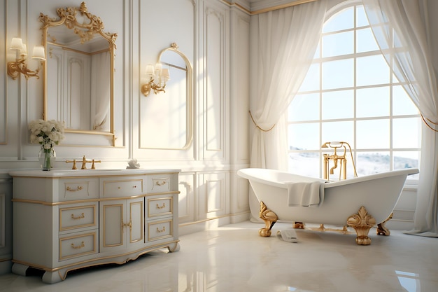 Renderização 3D de design de interiores de banheiro elegante