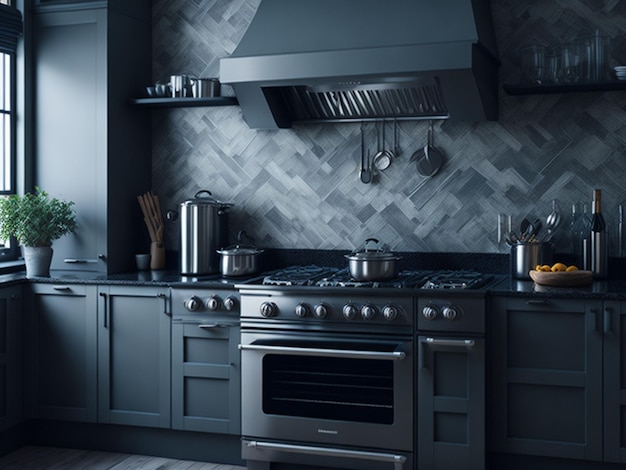 Renderização 3D de design de interiores de cozinha moderna com fogão e fogão embutidos