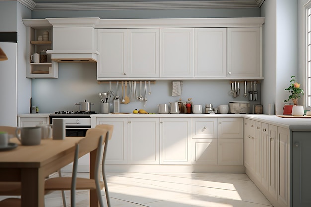 Renderização 3D de design de interiores de espaço de cozinha pequena