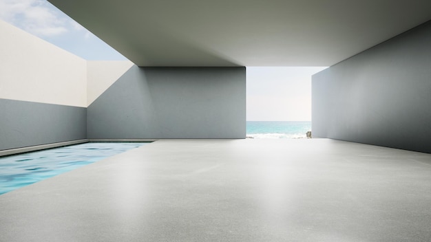 Renderização 3D de design de interiores de luxo de casa de praia moderna ou showroom