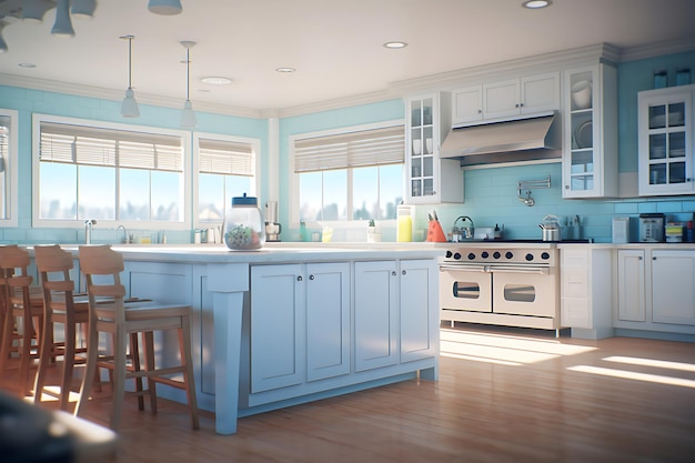 Renderização 3D de design de interiores de sala de cozinha gourmet