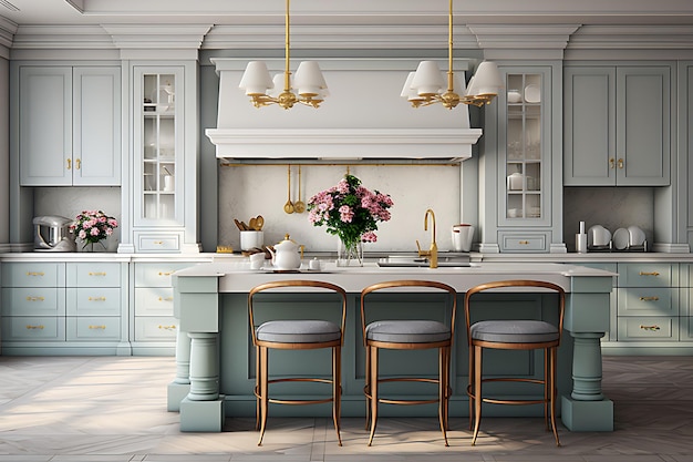 Renderização 3D de design de interiores de sala de cozinha gourmet