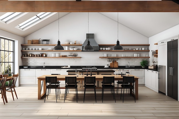 Renderização 3D de design de interiores de sala de cozinha moderna