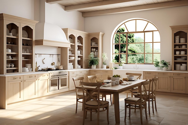 Renderização 3D de design de interiores de sala de cozinha tradicional
