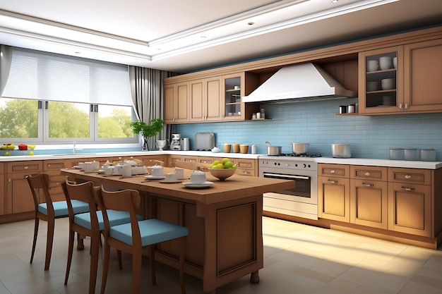 Renderização 3D de design de interiores de sala de cozinha tradicional