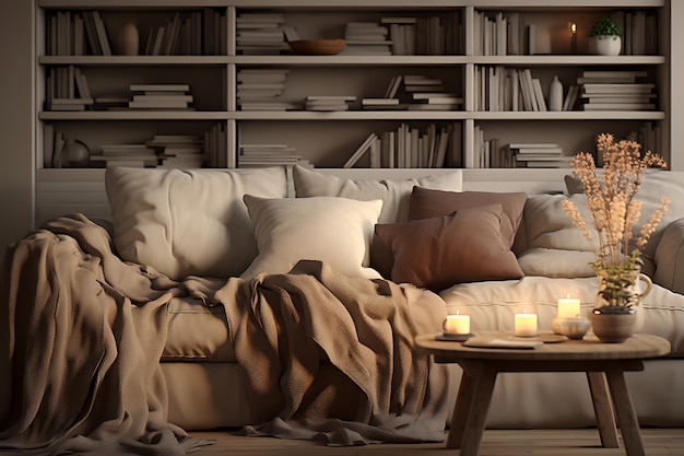 Renderização 3D de design de interiores de sala de estar aconchegante