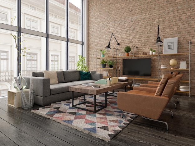 Renderização 3d de design de interiores estilo loft