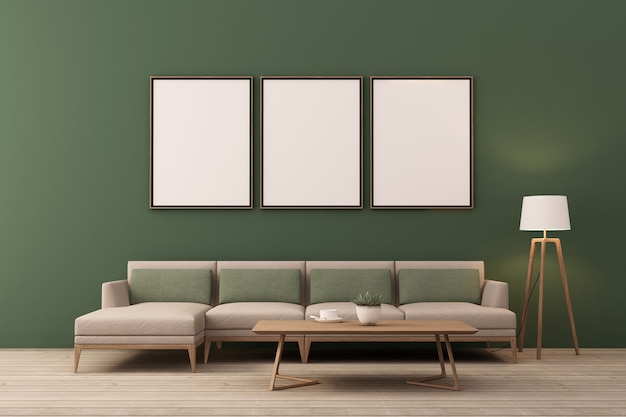 Renderização 3D de design de interiores para sala de estar com moldura na parede