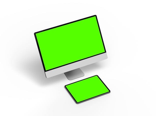 Renderização 3D de desktop de tablet de smartphone com telas verdes em um fundo claro