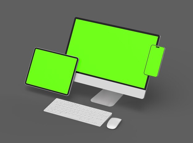 Renderização 3D de desktop de tablet de smartphone com telas verdes em um fundo escuro