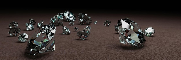 Renderização 3D de diamantes de muitos tamanhos em superfície cinza escuro