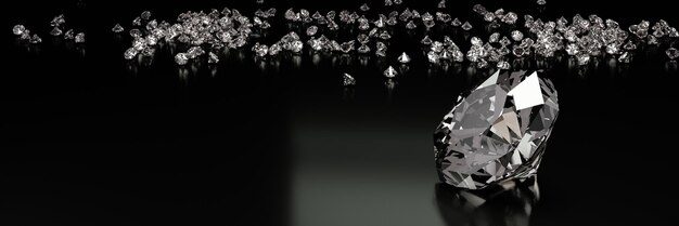 Renderização 3D de diamantes de muitos tamanhos em uma superfície preta com reflexão