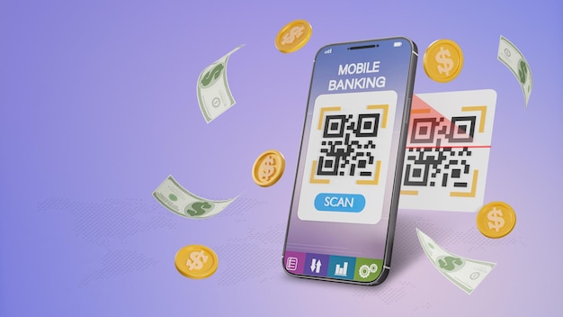 Renderização 3D de digitalização de código qr e pagamento on-line por telefone celular. Digitalize o código QR para pagar a conta de faturas