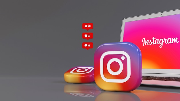 Foto renderização 3d de dois emblemas do instagram na frente de um notebook com o logotipo do aplicativo na tela