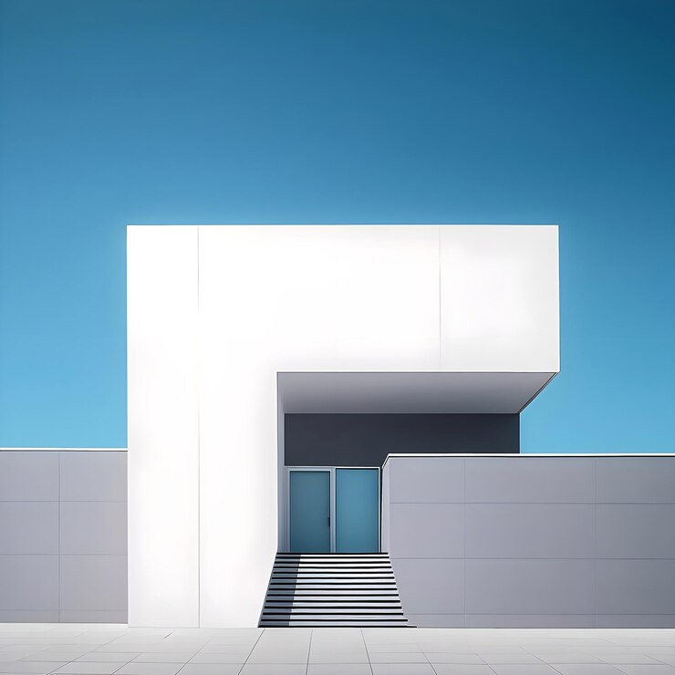 Foto renderização 3d de edifício de arquitetura moderna minimalista com céu azul