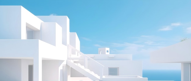 Renderização 3D de edifício de arquitetura moderna minimalista com céu azul