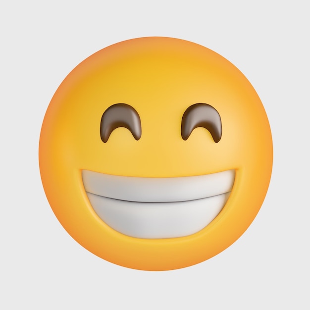 Renderização 3D de emoji feliz mostrando dentes em fundo transparente