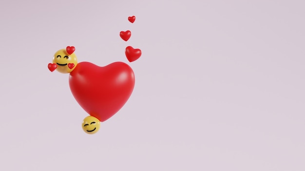 Renderização 3d de emojis de amante e coração vermelho grande