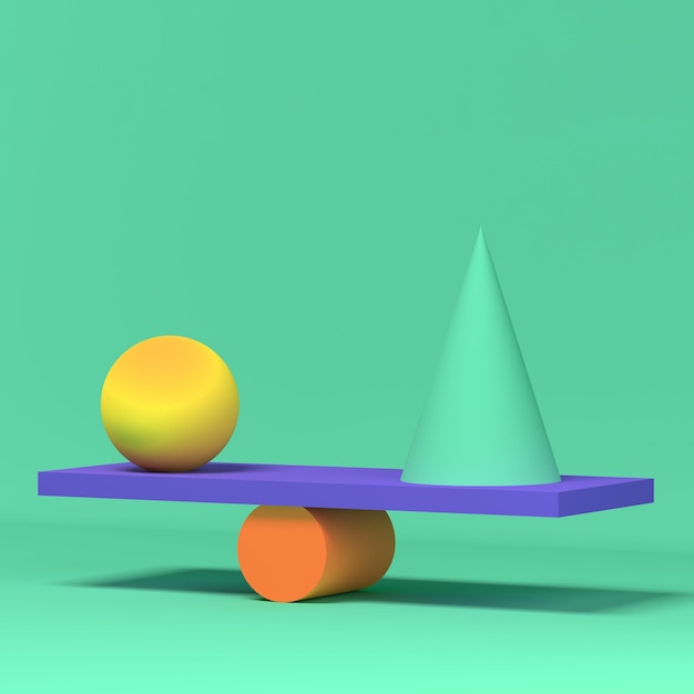 Renderização 3D de equilíbrio de formas geométricas Fundo geométrico de hortelã, cone de bola e cilindro