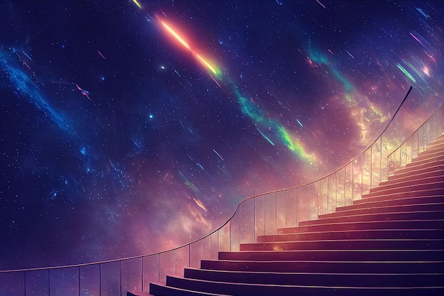Renderização 3D de escadas para o céu estrelado com belo brilho e espaço ao redor